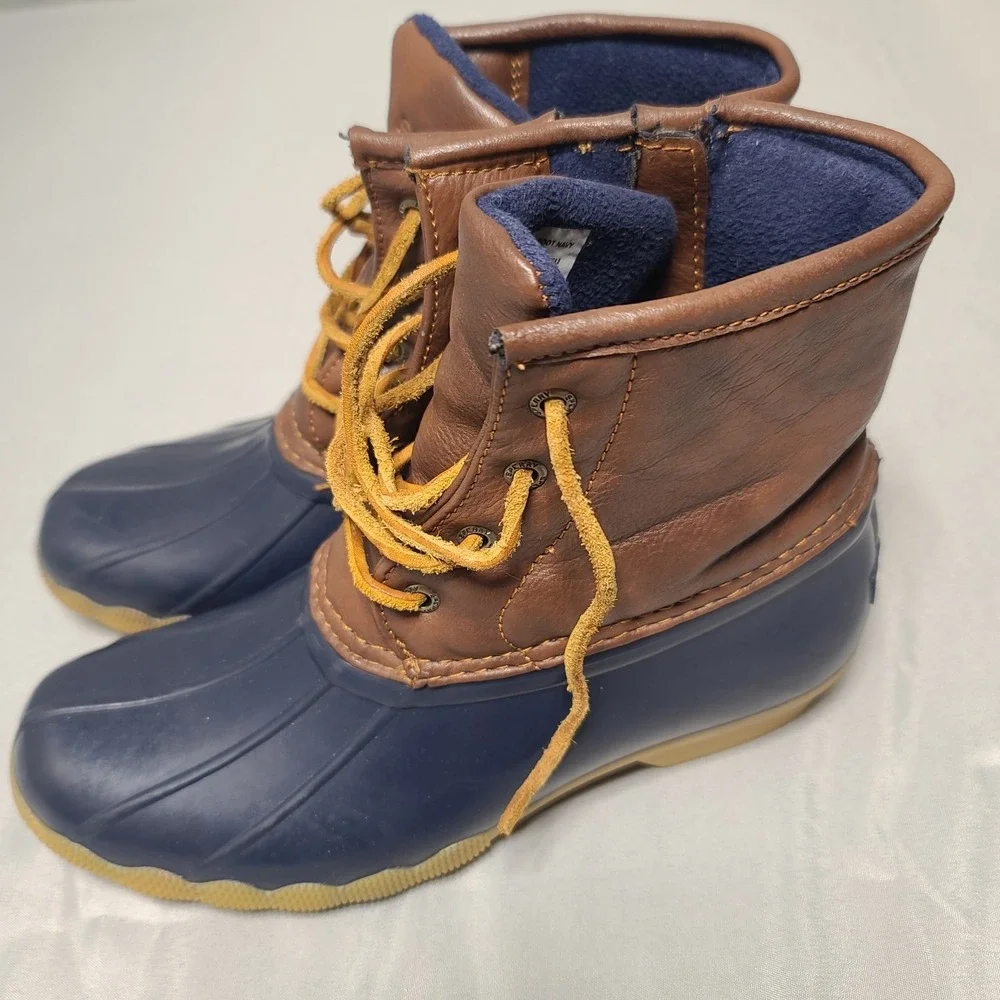 Sperry Saltwater Duck Boots Girls US 4 Navy Brown Waterproof Lace‎ Up Winter